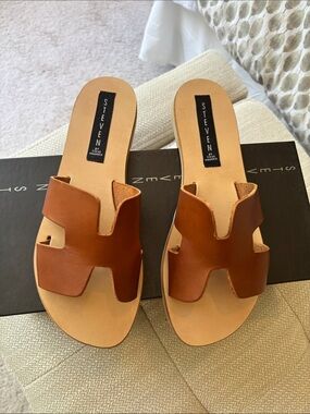 Steven by Steve Madden Tan Brown Leather Slide Sandals